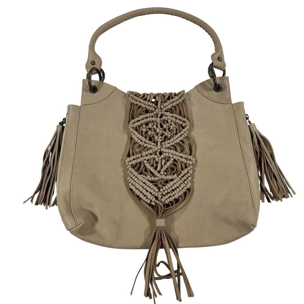 Karyn Seo Tan Leather Hobo Bag Macrame Tassel Fringe Boho Shoulder Bag Whimsical